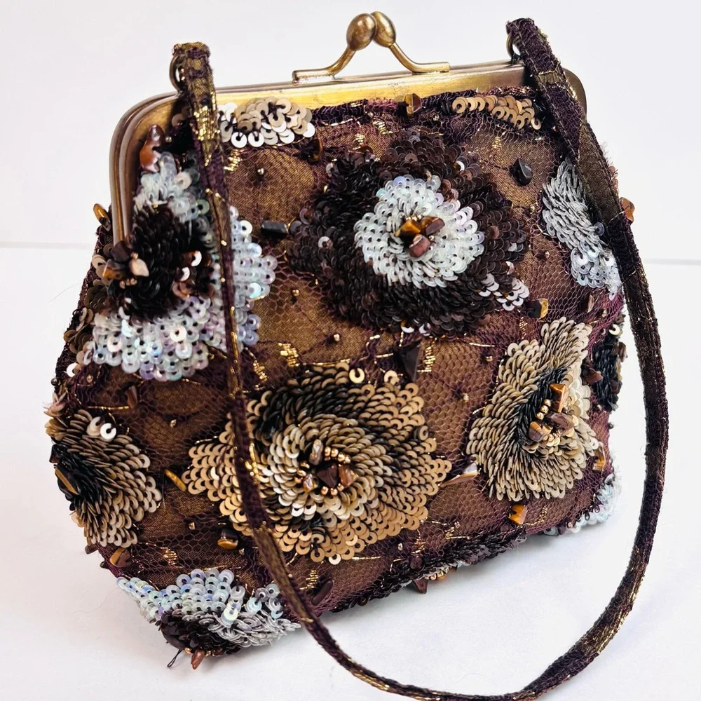 SANTI Y2K Brown Silk Beaded Sequin Tiger’s Eye Evening Luxury Hand Bag‎